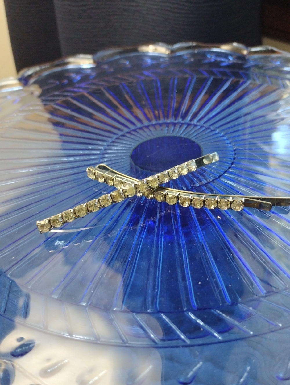 Source Unknown Gold Tone Rhinestone Cross Bobby Pins on Blue Glass